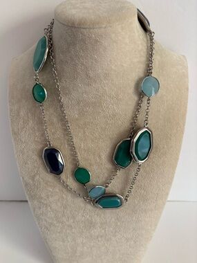 Premier Designs Teal Blue Station Necklace Silver Tone Faceted Stone Necklace